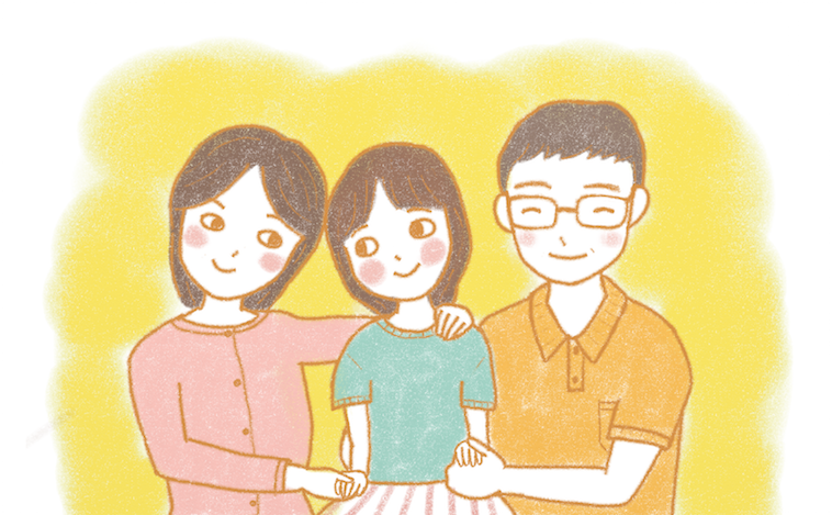 【イラスト】幼いくぼぞのともかさんの両隣で、ご両親がちかさんの手を握って笑っている