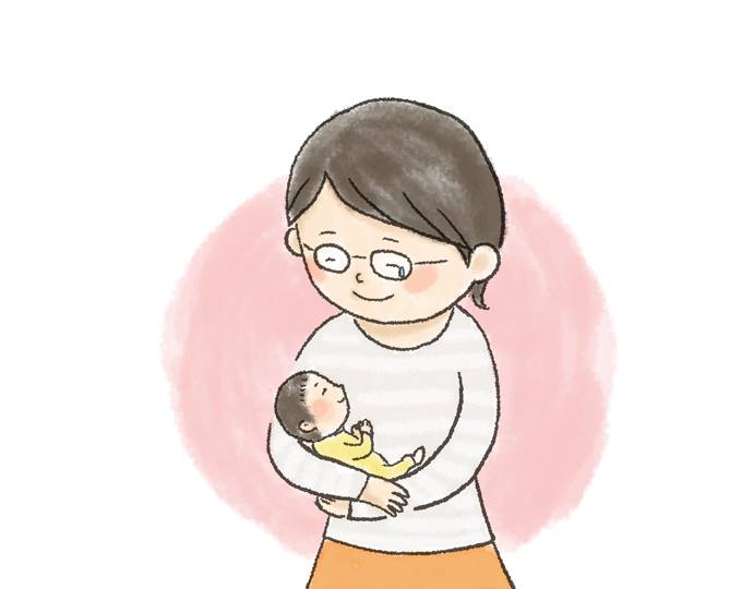 【イラスト】赤ちゃんを抱きながら、笑い泣きしているたまいこさん