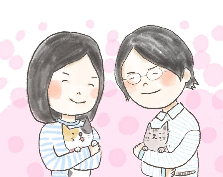 【イラスト】パートナーと一緒に猫を抱きながら笑い合うともこさん