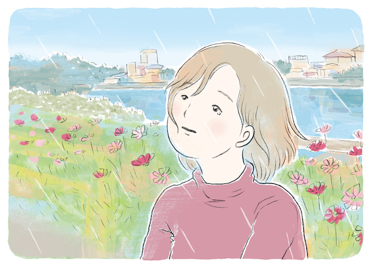 【イラスト】雨がふっている中、花がさいている河川敷に座り、涙をうかべながら上を向く女性。