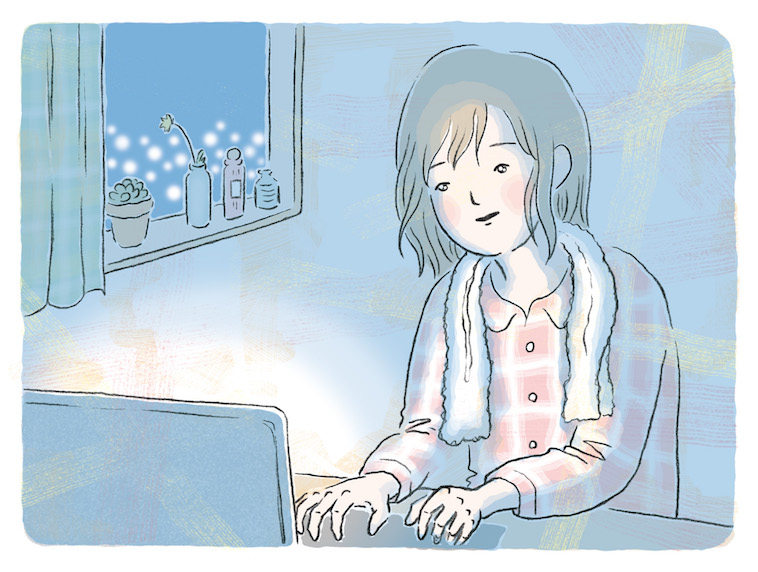 【イラスト】夜中にパジャマで首にタオルを巻いた状態で、パソコンで何かを作業している女性