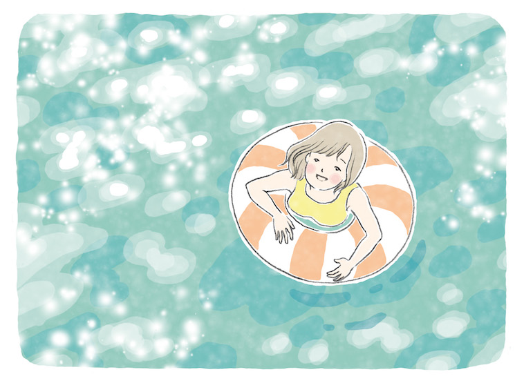 【イラスト】海で浮き輪を使用し笑顔で浮かんでいる女性