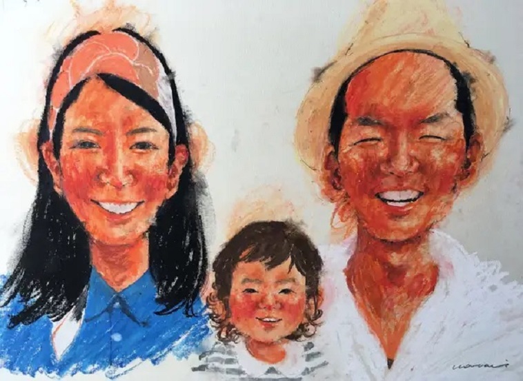 【画像】左から妻、娘、いしいさんの笑顔が描かれた似顔絵