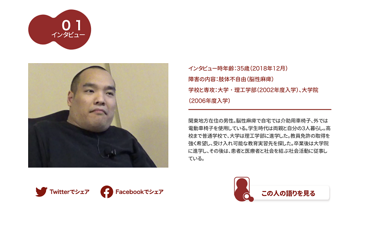 【画像】「障害学生の語り」内にある脳性麻痺の男性のインタビューページ