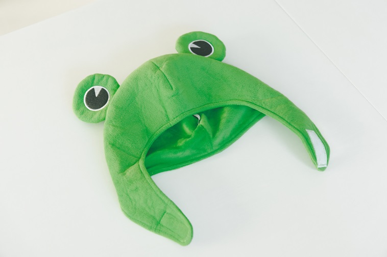 【写真】へちさんが動画でかぶっている緑色のカエルの被り物