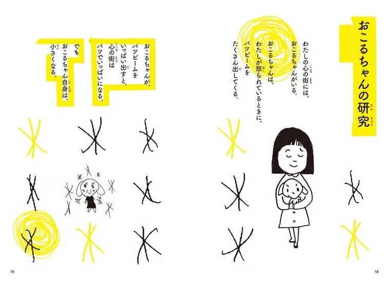 【画像】犬を抱っこした女の子や、キャラクターのイラストとともに「おこるちゃんの研究　わたしの心の街にはおこるちゃんがいる。おこるちゃんは、私が怒られている時に、バツビームをたくさん出してくる。おこるちゃんがバツビームをいっぱい出すと、心の街はバツでいっぱいになる。でも、おこるちゃん自身は、小さくなる」と描かれている