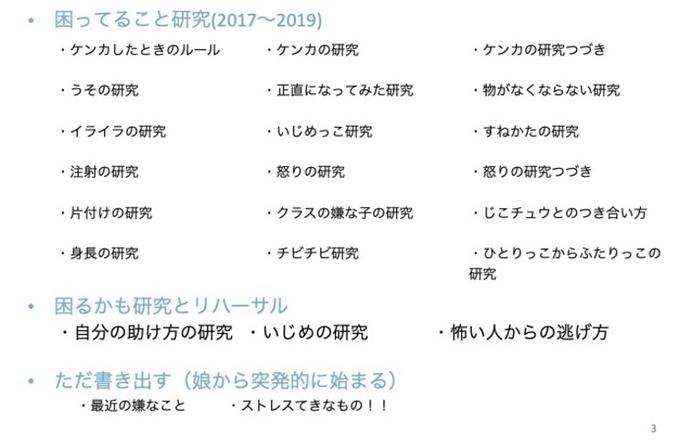 【画像】スライドに次のようなことが書かれている。
・困っていること研究(2017〜2019)
けんかしたときのルール、うその研究、イライラの研究、注射の研究、片付けの研究、身長の研究、ひとりっこからふたりっこの研究、などなど
・困るかも研究とリハーサル
自分の助け方の研究、いじめの研究、怖い人からの逃げ方
・ただ書き出す（娘から突発的に始まる）
最近の嫌なこと、ストレス的なもの